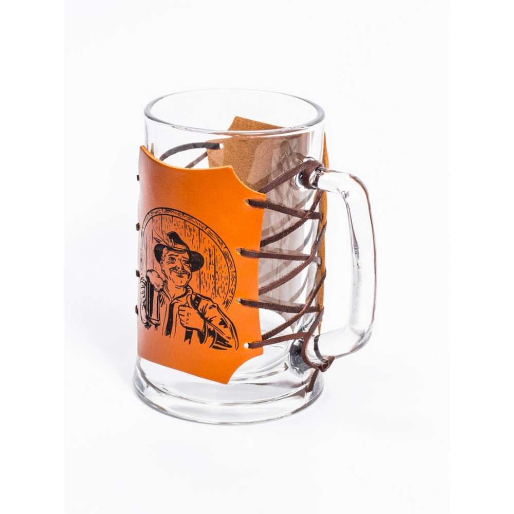 Frenzo gifts СК.01.Г кружка подарочная стеклянная для пива 0,67 л в чехле из натуральной кожи / рыжий