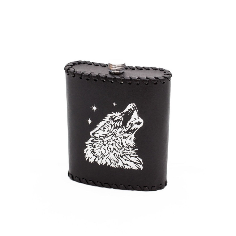 Frenzo gifts ФФ.61 фляжка подарочная в кожаном чехле / Волк / черный