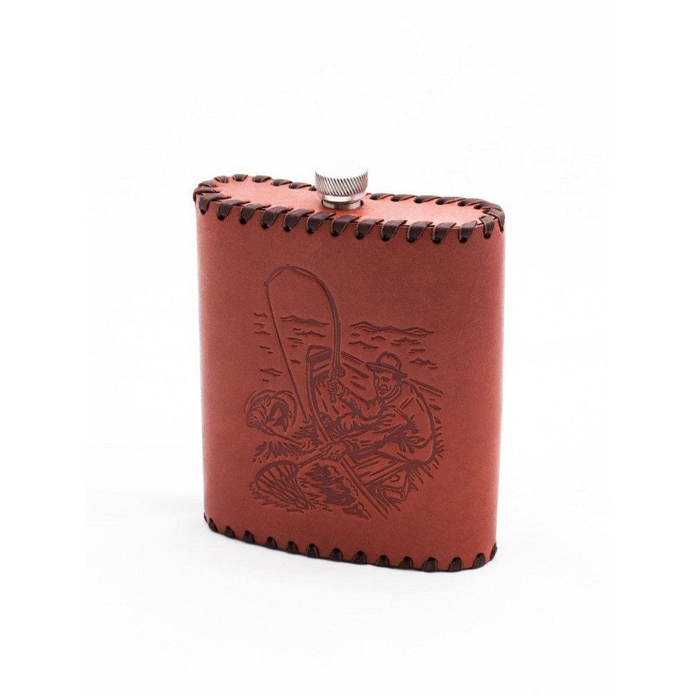 Frenzo gifts ФФ.61 фляжка подарочная в кожаном чехле / Рыбак / коричневый