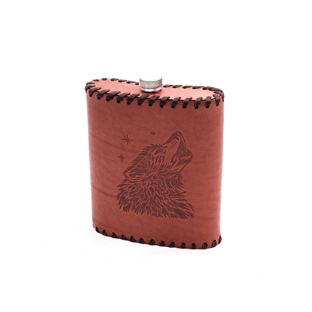 Frenzo gifts ФФ.61 фляжка подарочная в кожаном чехле / Волк / коричневый